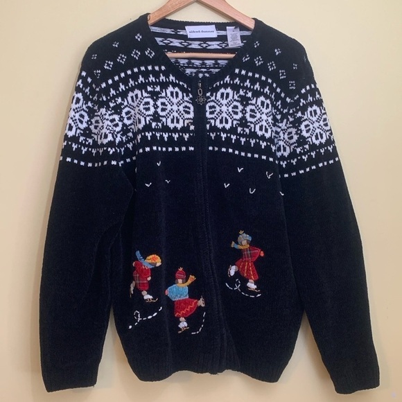 Alfred Dunner | Winter Scape Skater Snowflake Fair Isle Chenille Zip Cardigan XL - Picture 1 of 15